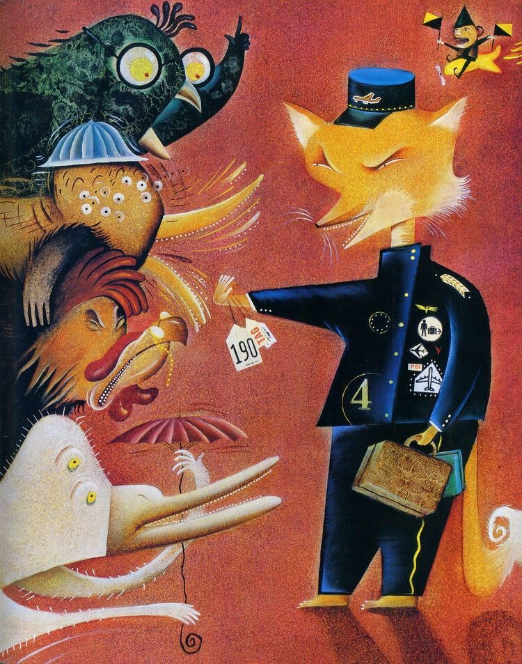 Page from The Stinky Cheese Man of the fox stopping 4 fairy tale characters