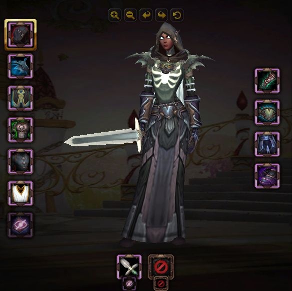An unholy death knight, Harrowhark-Stormrage, named after the character in The Locked Tomb series.  She is wearing mismatched black "robes" and silver jewelry with a Cavalier Two-Hander and a black hood for a veil.