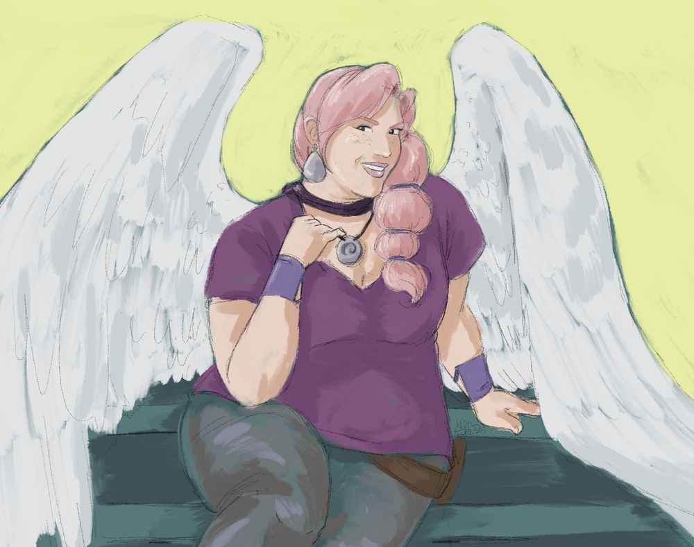 A digital painting of a big angel with long pink hair, smiling.  She is sitting on a staircase and idly playing with a chunky stone necklace.