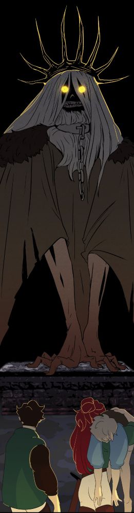 A panel from the french webtoon Gradalis : the knights sir Dinadan and sir Tristan are frozen in stupor, as in front of them is a giant monster. Sir Tristan is holding an unconscious Perceval on his shoulder.