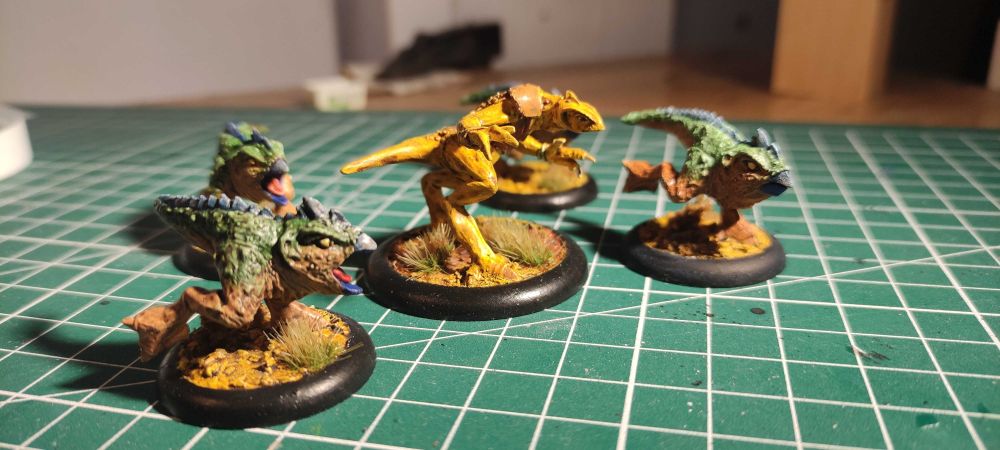Photograph of 5 painted miniatures from the  Twilight: Chronicles of Anyaral, focus is on the Devanu Sempa, among grunt units known as grishak
this time pictured from the side
