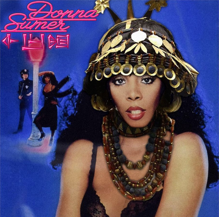 Donna Summer's cover of her album Bad Girls editing with her wearing a Reconstructed Sumerian headgear and necklaces found in the tomb of Puabi, housed at the British Museum with the text edited to read "Donna Sumer" and 𒅆𒌨𒎏 (approximate translation of Bad Ladies in sumerian language)