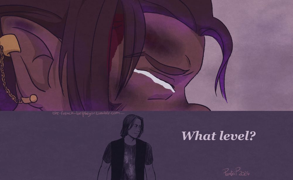 a digital drawing in two parts depicting a scene from the end of Campaign 1 of Critical Role. In the top half, Scanlan screwing his eyes shut in grief, on the verge of crying. At the bottom, game master Matthew Mercer asking Sam "What level?"