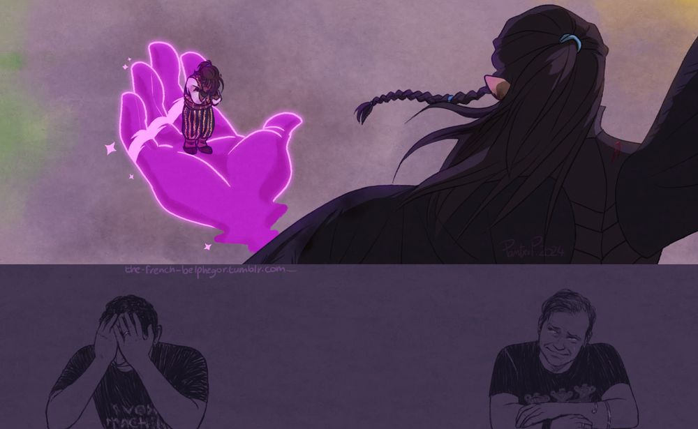 a digital drawing in two parts depicting a scene from the end of Campaign 1 of Critical Role. In the top half, we see the back of Vax's head, wings and shoulders as he watches Scanlan in the background, very small in Bigby's Hand as he sobs with his face in his hands. At the bottom, a no longer smiling Sam is also hiding his face in his hands and crying, while Liam looks at him and smiles widely through his own tears.