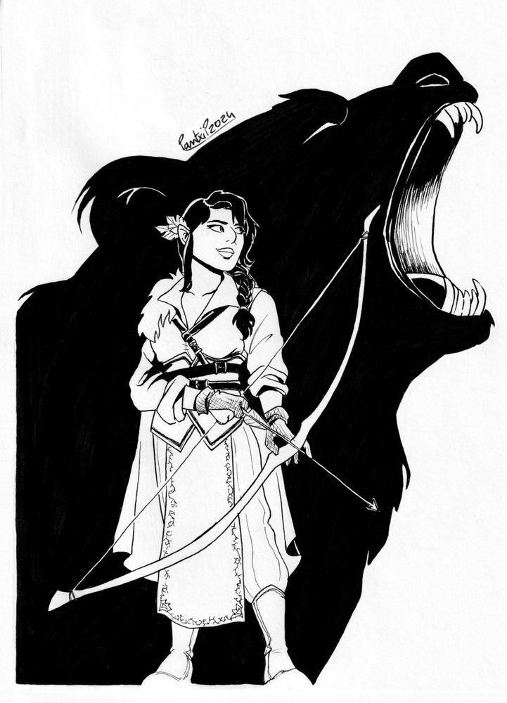 a drawing on paper with black markers of Vex'ahlia, the half-elf ranger/rogue from the 1st campaign of Critical Role. Vex is standing proud and confident, one arrow nocked on her bow, framed by the black silhouette of a roaring bear meant to evoke Trinket, her bear companion (and the goodest boy).