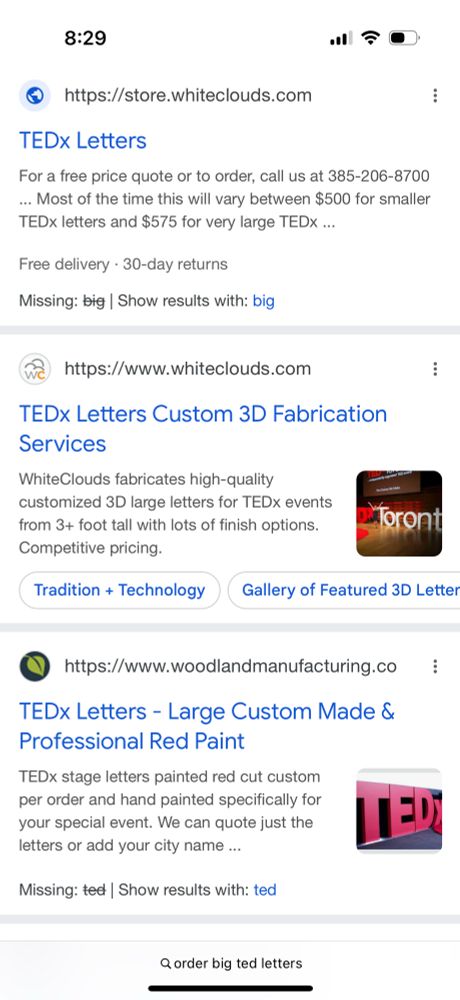 Google results for “order big ted letters” showing several options 