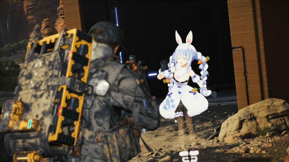 Screenshot from the video game Death Stranding 2. The player character aims a rifle at a anime figure 