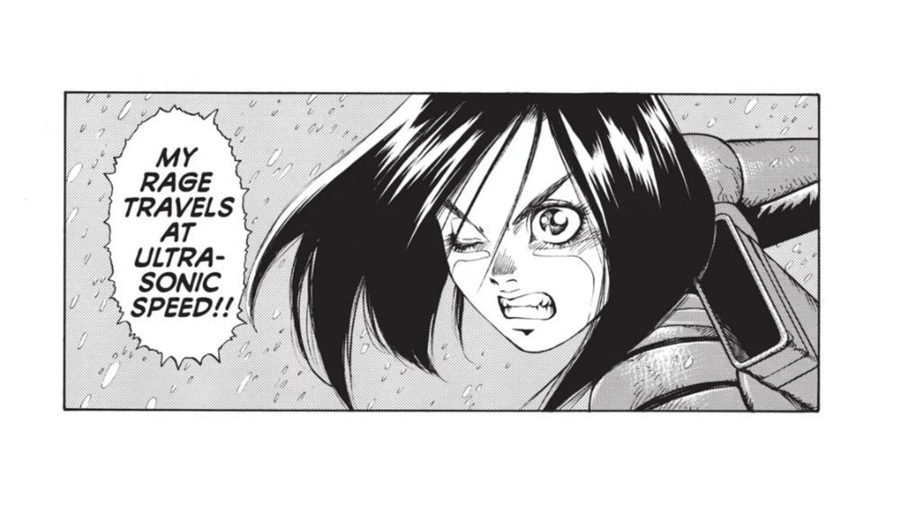 Manga panel from Battle Angel Alita. An injured, yet furious Alita prepares to strike her foe. A speech bubble reads "My rage travels at ultrasonic speed!!" 