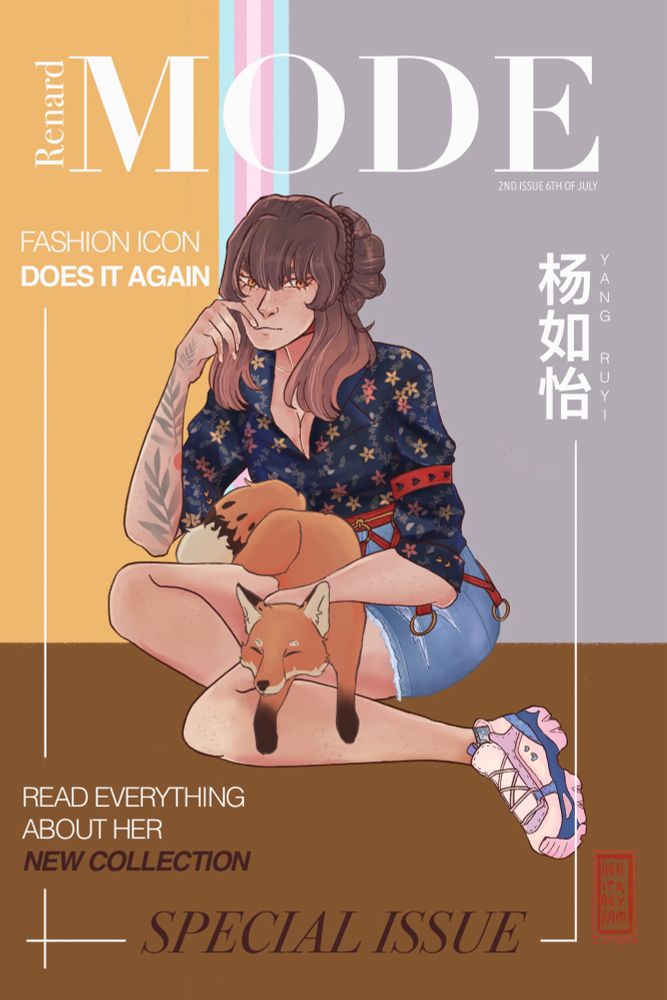 Fake magazine cover featuring trans girl with fox on her lap