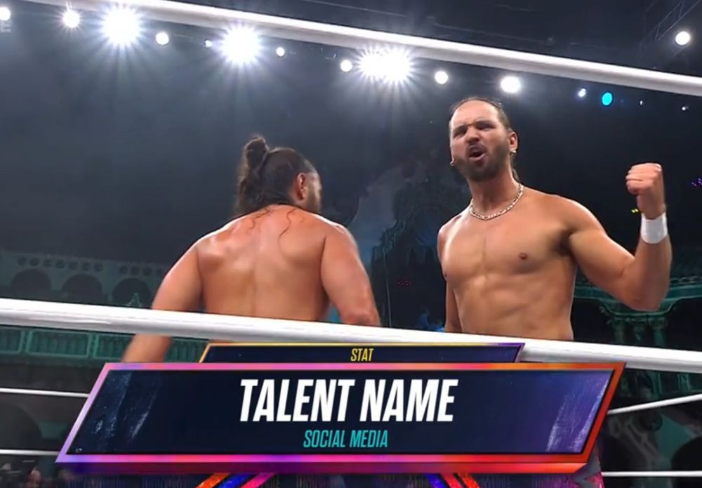 The Young Bucks with a lower third that says "Stat. Talent Name. Social Media."
