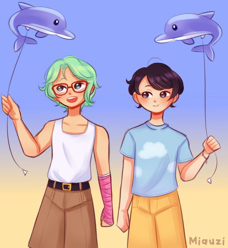 A drawing of two children walking with dolphin balloons. One is Cove Holden from the game Our Life: Beginnings and Always, and the other is Vaughn West, the MC the artist created.