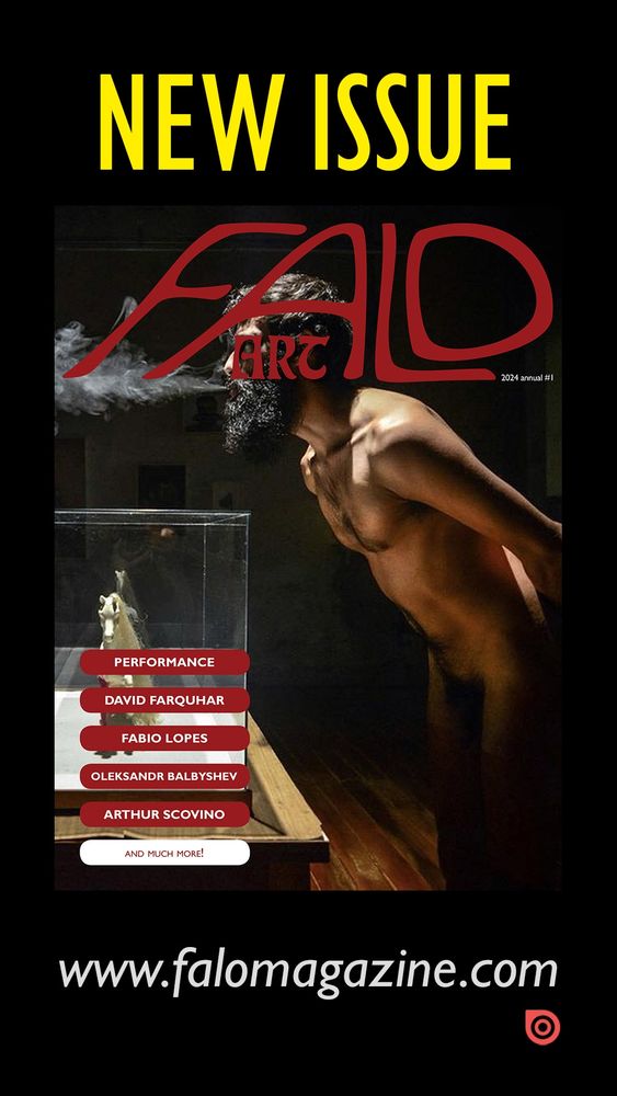 Ad about the release of the first annual in English from 2024: Falo Art, with Arthur Scovino performing naked in the cover of the edition.