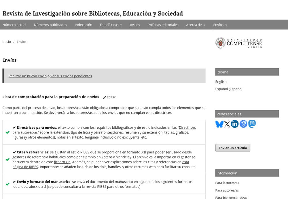Es una captura de la sección de envíos de la revista RIBES. Se ven algunas líneas del Checklist, y a la derecha símbolos de distintas redes sociales, etc.