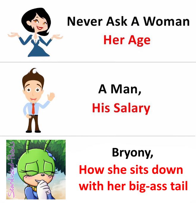 A meme in three segments. The first has a cartoon of a woman, and says "Never ask a woman her age". The second has a cartoon of a man, and says "A man, his salary". The last is edited to have a picture of my Sonic fan character, Bryony the Grasshopper, and says "Bryony, how she sits down with her big-ass tail".
