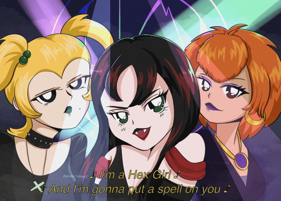 dusk, thorn, and luna all together.  thorn is singing and the text says "im a hex girl and im gonna put a spell on you".  90s anime style 