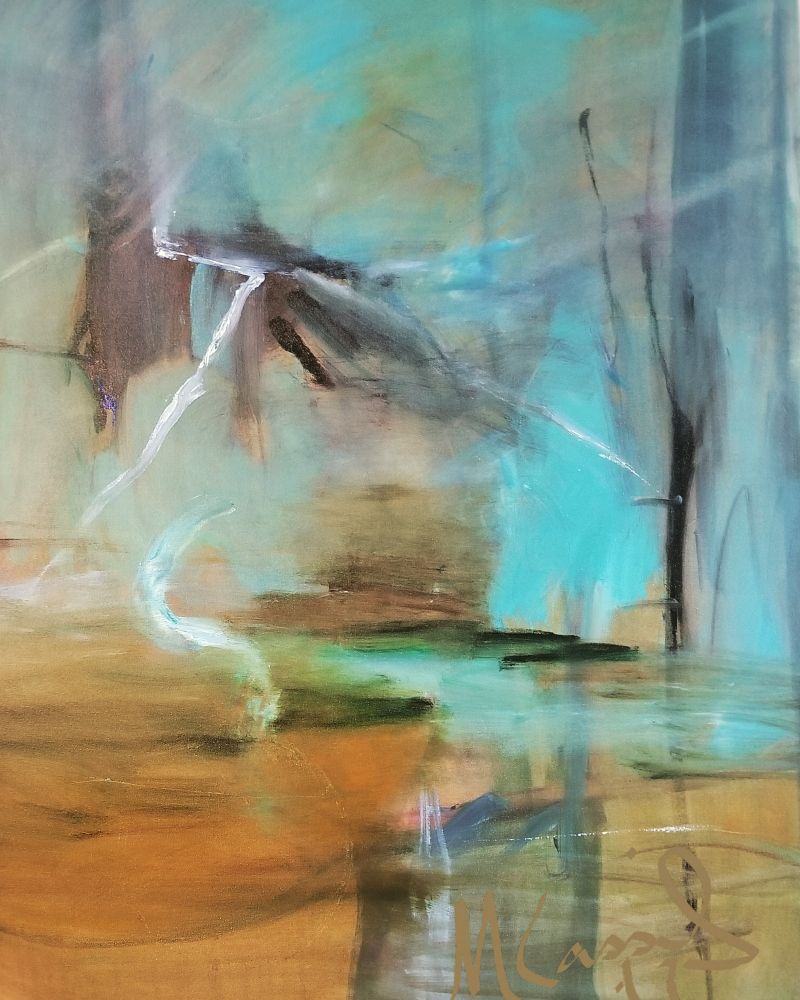 Earthy browns ground the composition, blending smoothly with bursts of turquoise and soft blue that suggest open air and shifting light. Thin black lines rise sharply from below, creating quiet tension against flowing white and black strokes that move across the surface. The painting captures a moment of natural energy—a balance between steady weight and restless motion, evoking the atmosphere of a rain-soaked afternoon. The colors and forms interact with a calm urgency, inviting reflection on the feeling of water and wind in motion.