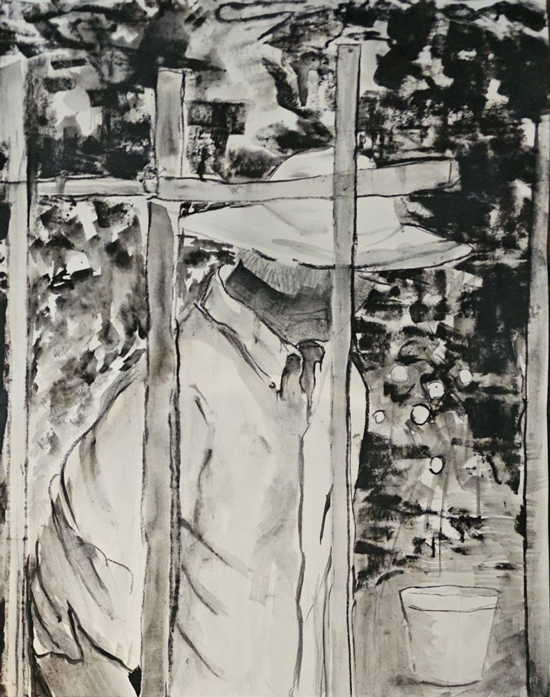 The Gardener uses shades of black, white, and gray to create a quiet, thoughtful scene. A figure stands behind simple vertical bars, their back turned and shaded by a wide hat. The space feels both open and confined at once, the bars suggesting separation while the soft, layered strokes around them suggest a shifting environment. A bucket set beside the figure adds a grounded, everyday detail that hints at labor or care. The limited palette and textured marks work together to evoke a mood of introspection and subtle tension, inviting the viewer to linger in the stillness.