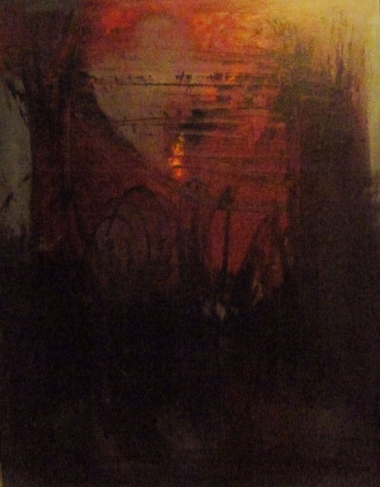 Raging Storm captures a dark, heavy mood through a dense layering of shadows and warm light. Deep browns and blacks dominate the scene, while a glowing red-orange source pulses softly behind silhouetted trees. Vertical shapes rise through the darkness, guiding the eye toward the distant warmth and adding depth to the composition. The rough, layered brushstrokes give the surface a tactile energy, enhancing the feeling of tension and emotional weight. The contrast between shadow and firelight creates a charged atmosphere that feels both mysterious and intense.