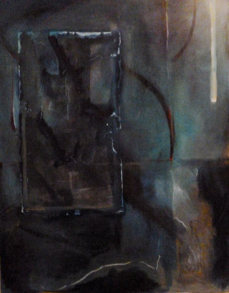 Dark shades of black, gray, and deep blue dominate this piece, creating a heavy, intense mood. At its center, a rough rectangular shape breaks through the shadowed background, marked by strong, angular strokes that build tension. The interplay of soft highlights and deep shadows adds a quiet depth, drawing the eye inward. Textures overlap and layer, giving the surface a sense of weight and complexity. The absence of bright colors keeps the focus on contrast and form, evoking a feeling of isolation and unresolved emotion.