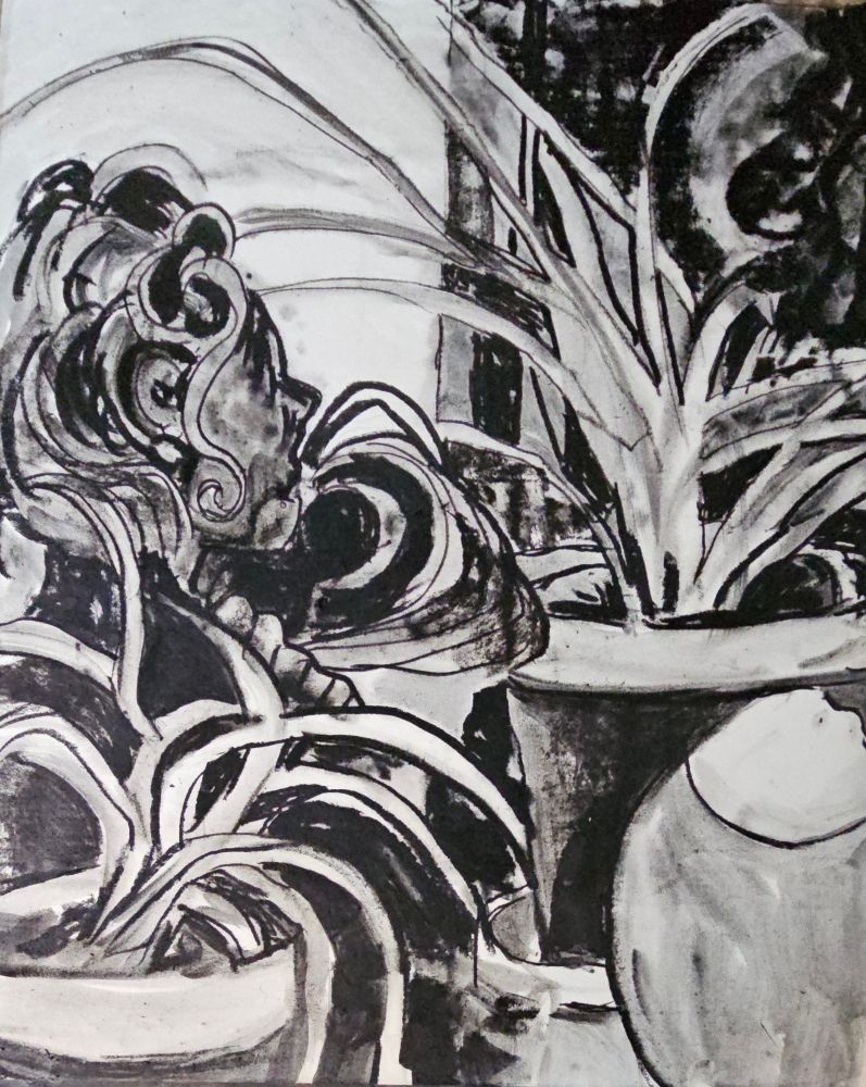 In stark black and white, this drawing shapes a world of contrasts and motion. Dark, sweeping curves flow alongside sharp, layered forms, creating a rhythm that feels alive and urgent. The smooth shading of one large shape offers calm against the surrounding energy of bold lines and dense textures. Without color, the play of light and shadow becomes the focal point, drawing the eye through the composition’s natural yet abstract forms. The result is a dynamic balance between tension and release, inviting quiet reflection amid visual movement.