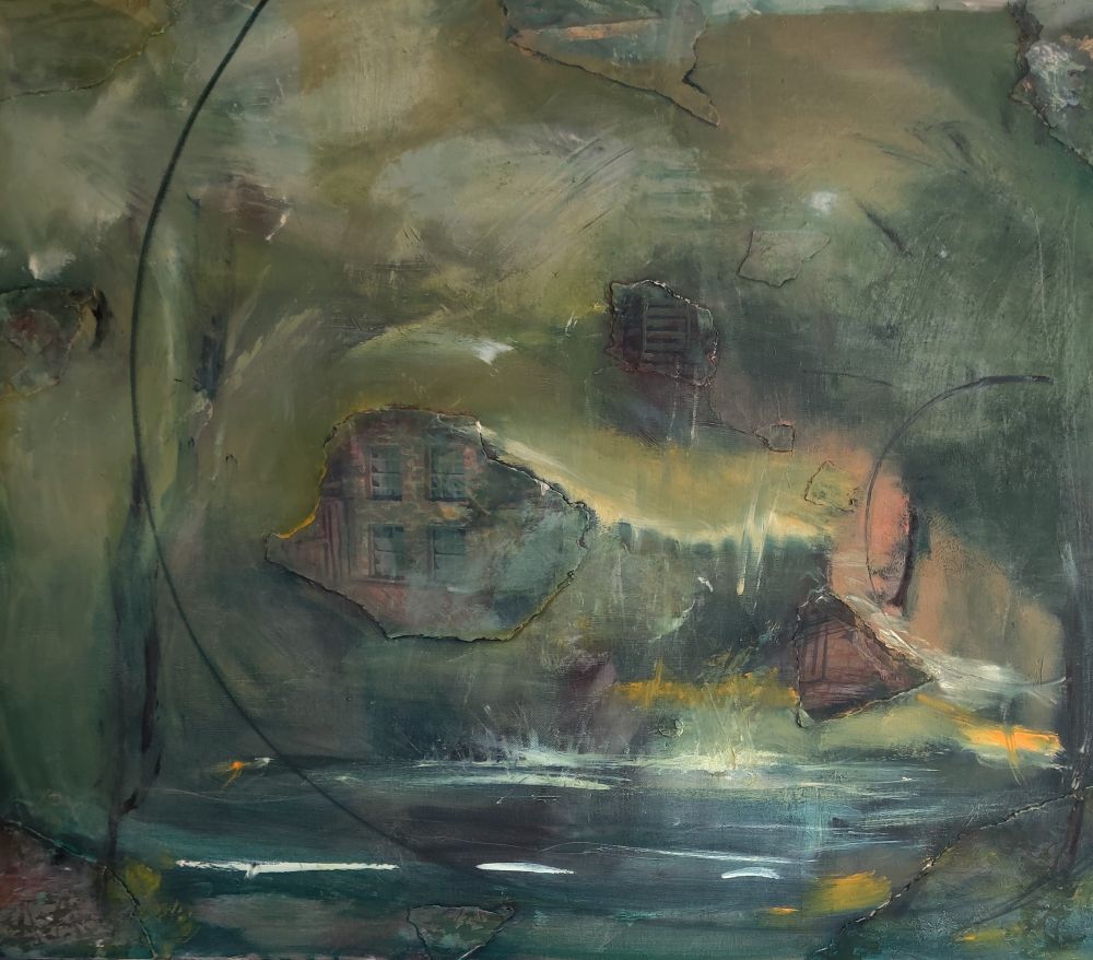 Muted greens and browns form the foundation of this work, layered to create a surface that both invites and resists close inspection. Hints of yellow, orange, and white catch the eye, breaking up the earthy tones with quiet moments of light. The texture feels worn, as if the painting has endured time, while faint shapes of windows and bricks suggest fragments of a forgotten place. Lines curve and intersect with angular sharpness, guiding movement across the canvas and adding depth to the composition. The overall mood is enigmatic—balanced between soft natural forms and rigid architectural fragments—offering a sense of calm mystery and quiet reflection.