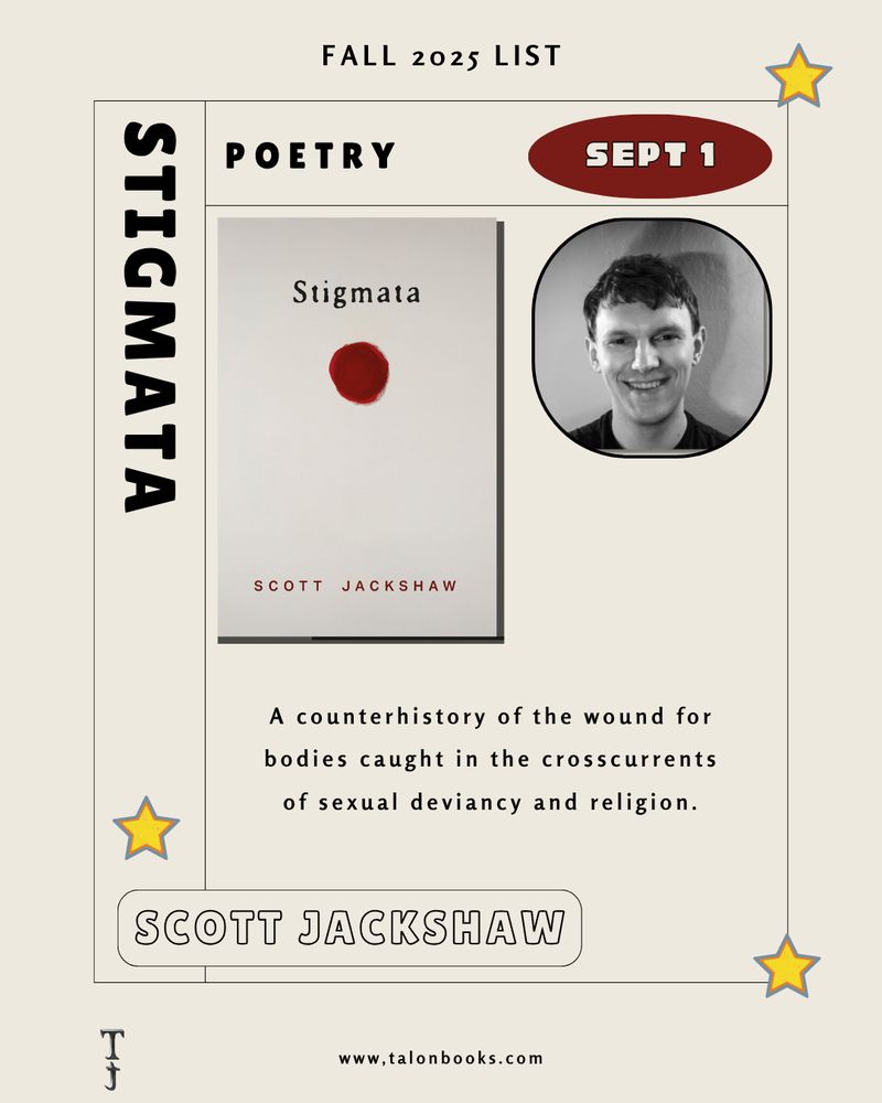Slide for "Stigmata" by Scott Jackshaw. This poster features an author photo of Scott and the cover of "Stigmata" and graphically appears like a festival poster crossed with a baseball card.