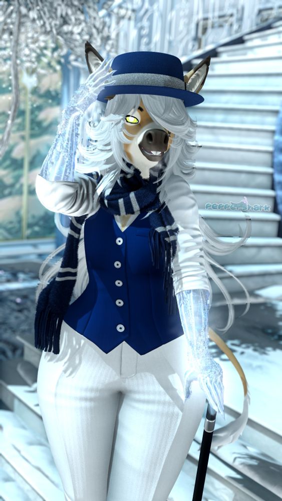 A picture of a glacial Alva dressed up as Snow Miser from the holiday movie "A Year Without A Santa Claus."