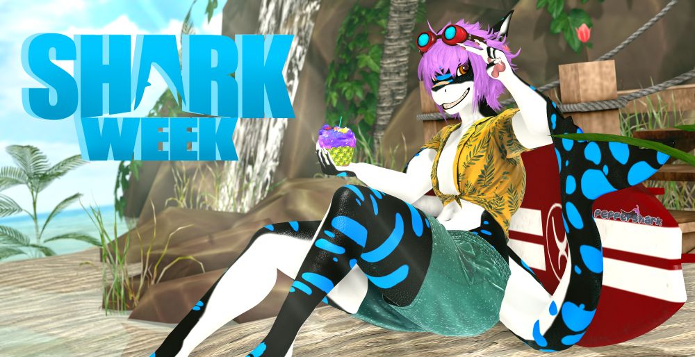 It's Shark Week! Consol is sitting down by the beach with a surfboard behind him as he enjoying a sweet pineapple dessert.