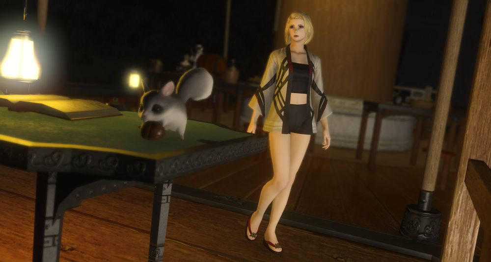 ffxiv hyur midlander with blonde hair and blue eyes.  nutkin on table nearby.