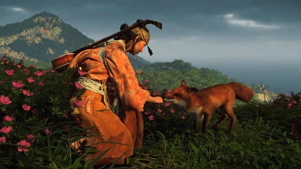 atsu from ghost of yōtei kneeling and letting a fox smell her hand.