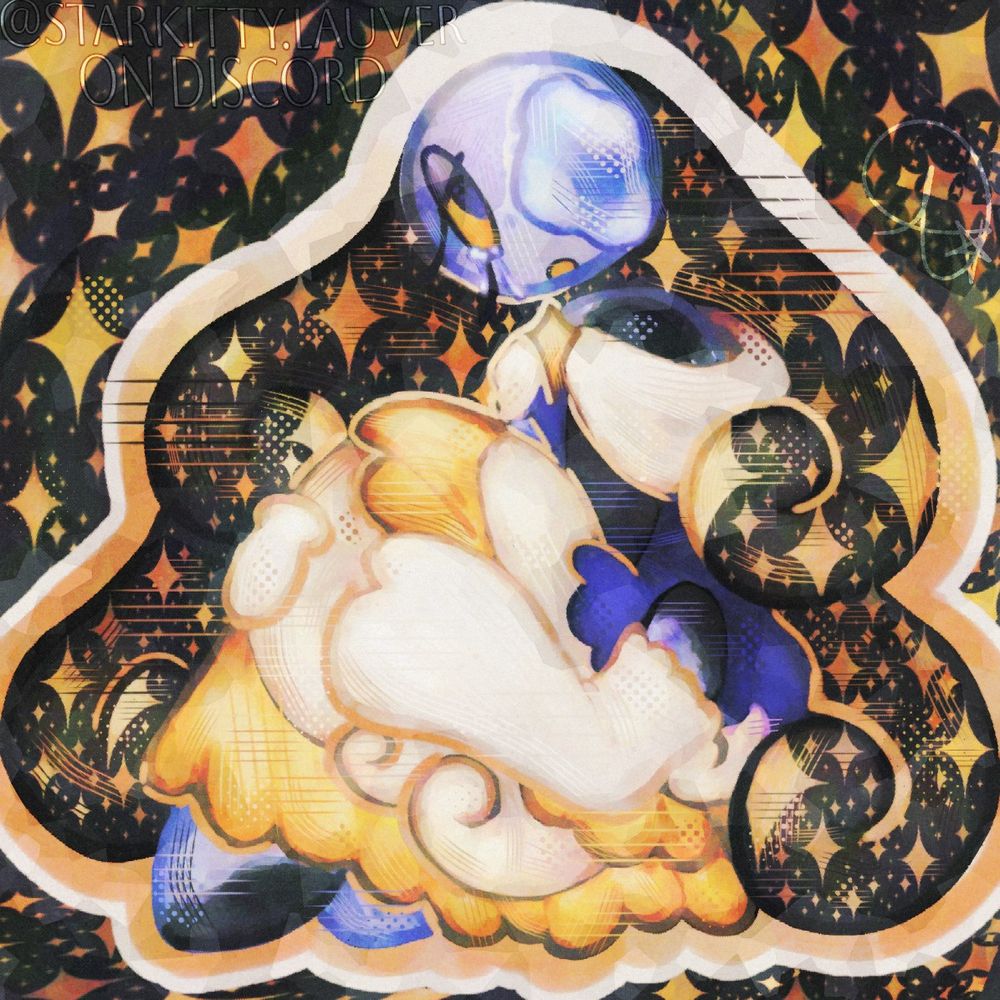 her head is the moon, water, or tears spills out of the side of her head, replacing her left eye as she constantly cries, her 1st pair of arms inbetween her knees with her 2nd pair of arms wrapped around her knees which are pressed against her chest, sitting in a void filled with nothing but stars