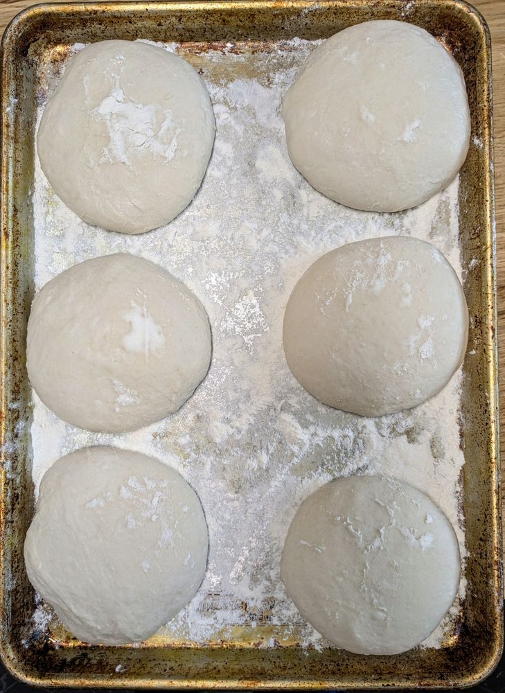 A floured half sheet pan with six dough balls resting on it, fresh from the fridge. 