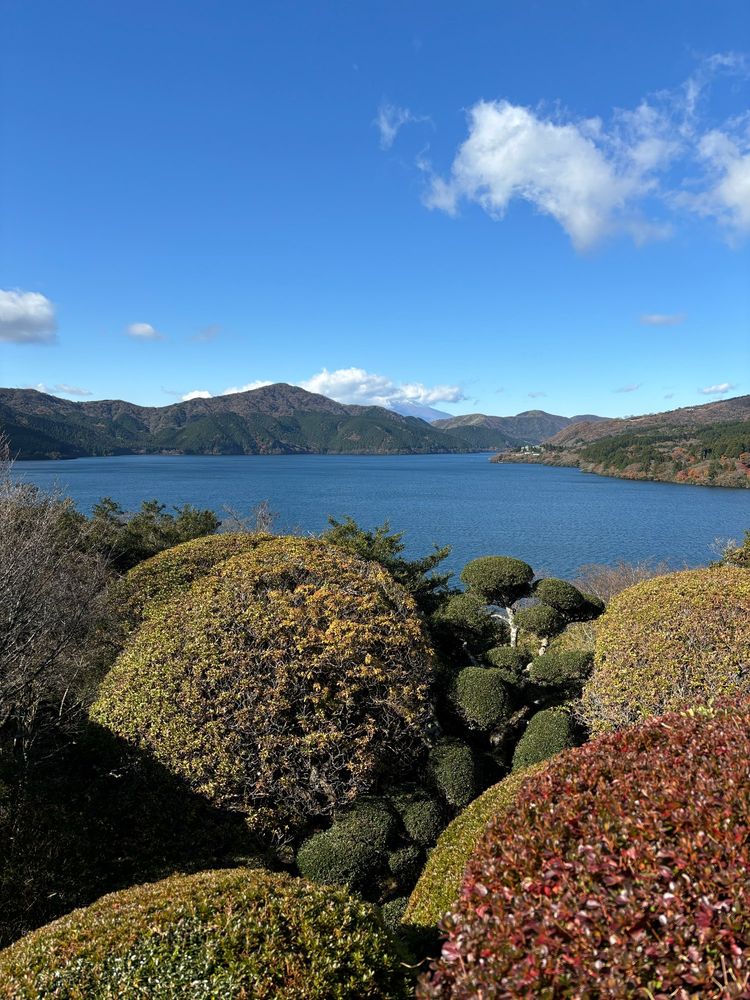 view of Ashi lake from a park, with a clear blue sky