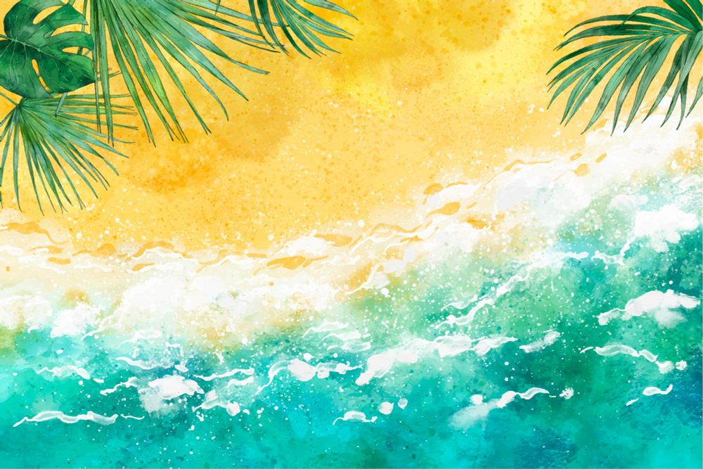 Watercolor shore with tropical leaves in background.