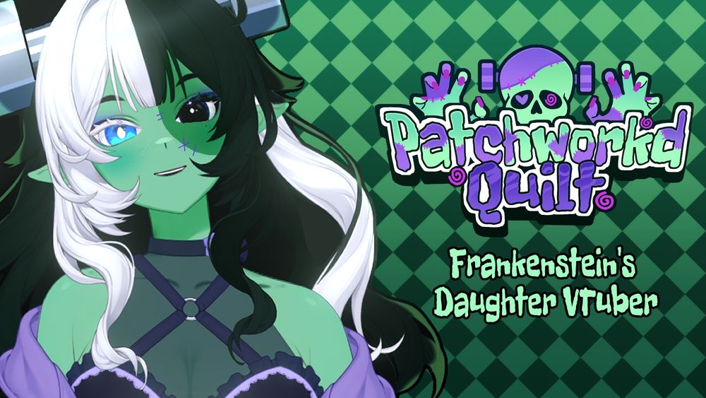 Social Media Post. This is Patches, she has teal skin with dark green stitching on her face. She has black hair with white streaks in her hair. She has a collar keeping her neck on her head. She wears a mesh shirt underneath a cross strap dress and a lavender hoodie.