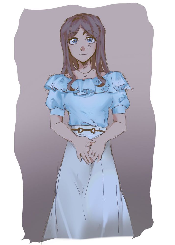 A knee-up drawing of Nagasaki Soyo, smiling gently with her hands slightly intersected in front of her waist. She is wearing her casual outfit. 