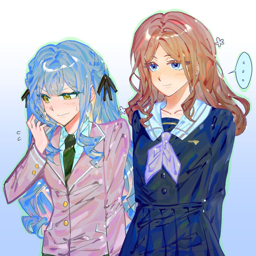 Painted drawing of Sakiko and Soyo standing side by side in their respective school uniforms. Sakiko has a hand in her hair and looks generally flustered. Soyo has a “…” speech bubble and stares blankly into the distance, unaffected. 