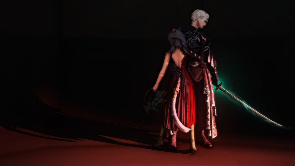 a purple-haired miqo'te, Halla, and a white-haired Garlean, Victor, stand together as if about to engage in a dance, if not for their drawn weapons. they stand on a black backdrop with harsh red lighting from the lower right corner, casting long shadows behind them. 
Halla stands with her back to the viewer, head turned to look left but face hidden by he hair. her tail curls slightly, with a red dagger strapped to it. she's in a dark purple and red dress with a single sleeve, an open back, and gold heeled boots. her right arm, sleeved, is raised to rest her hand on Victor's chest. her left arm is outstretched, holding a chakram with butterfly wings in her hand. 
Victor faces the camera but has his head turned to the right, looking elsewhere. he wears a black and red robe with silver details and tassels, black pants, black boots, and matching gloves. his right arm curls around Halla, his hand resting on the small of her back, right leg between hers. his left arm is lowered and outstretched, wielding a katana with a windswept green glow.
