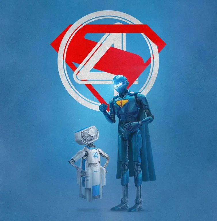 Image from u/jordy2x_ on reddit, HERBIE and Superbot #4 standing together while behind them is the F4 logo and Superman "S" overlaid with each other