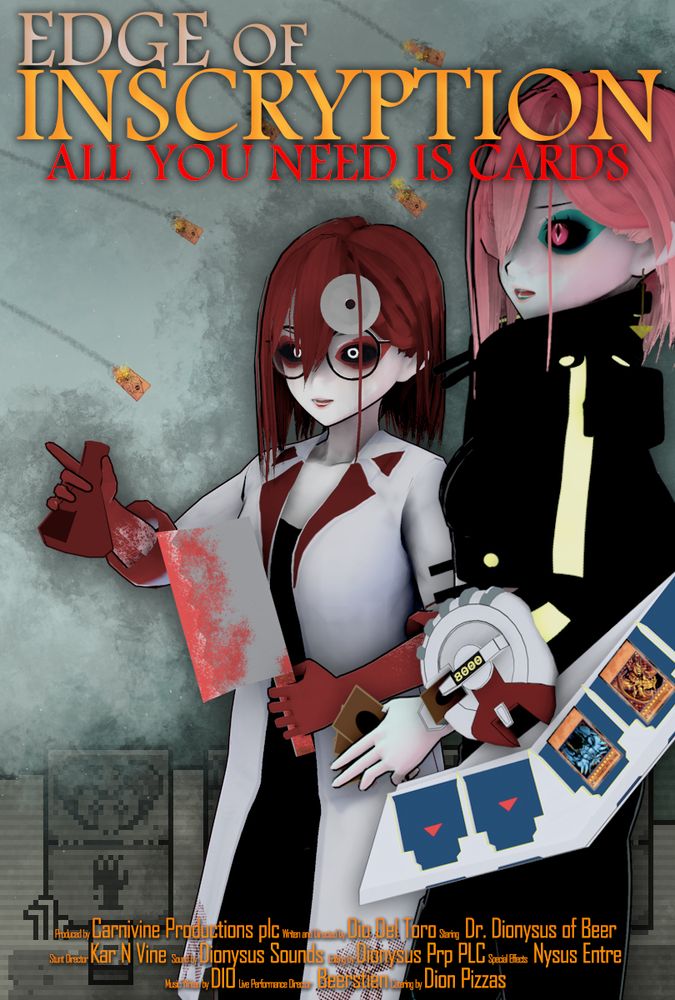 The edge of tomorrow movie poster recreated with 2 of my vtuber models and assets from inscryption. With the title Edge of Inscryption, all you need is cards.