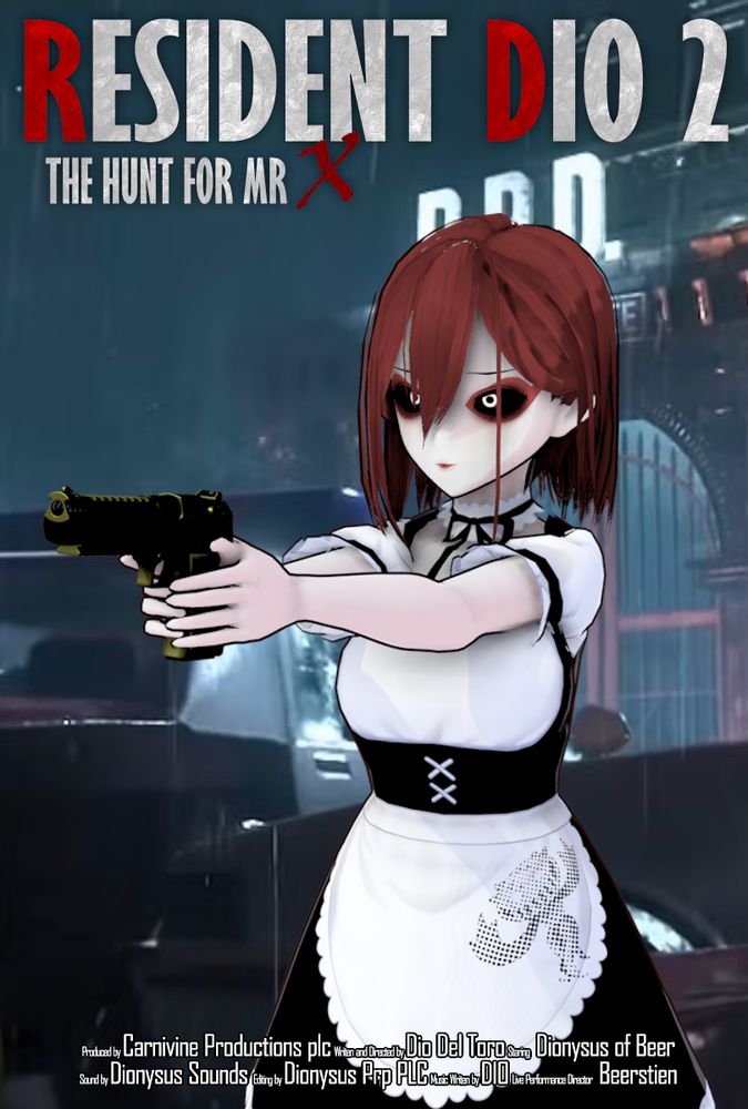Movie poster in the style of Resident Evil 2 but with the title replaced with "Resident Dio 2, The hunt for Mr X". The poster features my Vtuber model in the Leon S. Kennedy action pose from the cover art of the game.