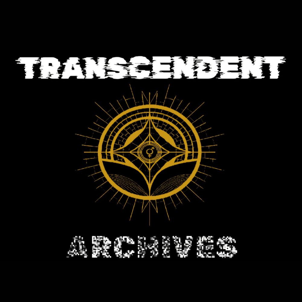 Transcendent Archives logo on a black background with glitchy text in white and an intricate compass like icon in the center. 
