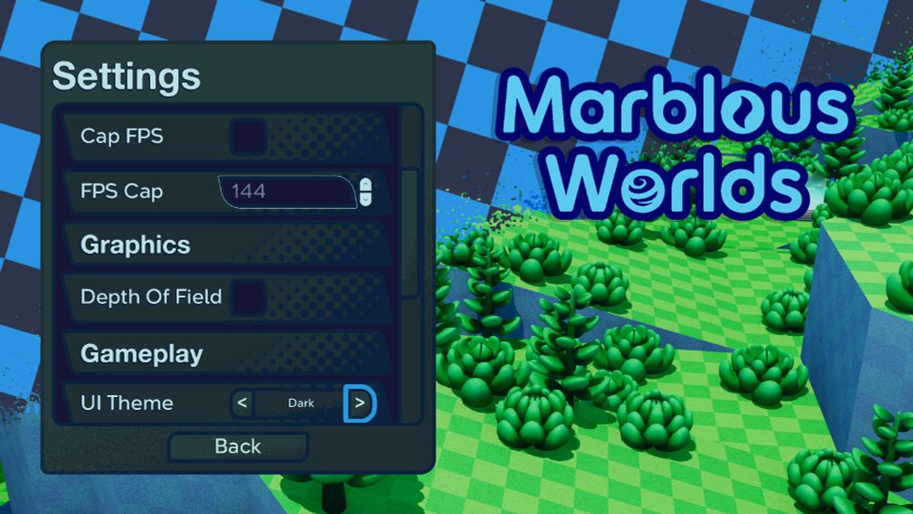 Same screen as the previous image but the theme is set to dark and everything is dark with a very slight blue tint. The logo and checkers feature varying shades of blue, with the checkers now having darker squares.