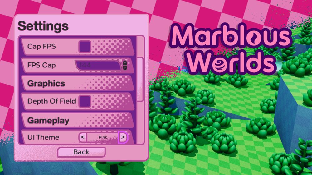 Same screen as the previous image but the theme is set to pink and everything is pink and purple. The logo and checkers feature varying shades of pink.