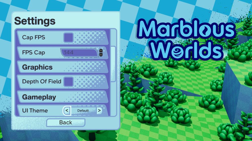 The setting menu of Marblous Worlds. In the background is an area full of greenery with a checkered area covering the upper left of the screen transitioning with noise at the edge. In the top righgt the Marblous worlds logo is visible and the settings panel contains options like "FPS Cap", "Depth of field" and "UI Theme". The theme is set to default and everything is bright with a very slight blue tint. The logo and checkers feature varying shades of blue.