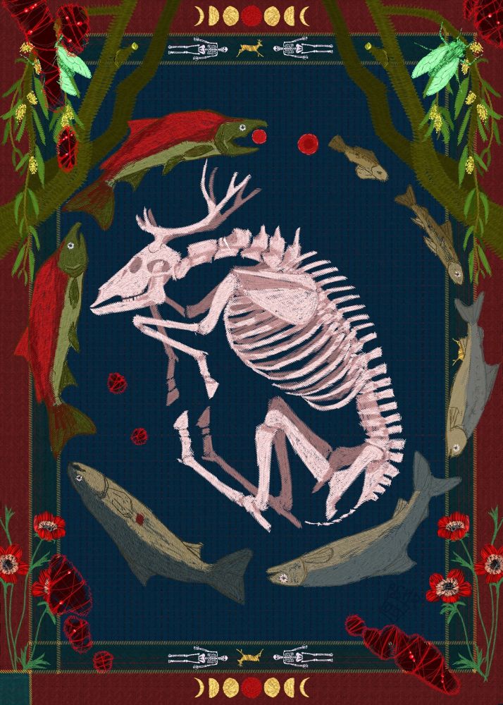 A tapestry with a deer skeleton, flowers and salmon 
