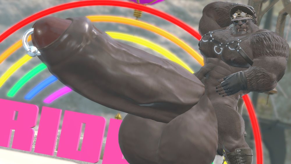 A large, brown hrothgar is standing before a large, rainbow "Pride" sign with the P tactically cut from the shot, while he poses with his hyper cock out, as large as the word "ride" itself, at least 4 feet long, with large balls down to his ankles to match. He's wearing a leather daddy outfit including cap, harness, shades, gloves, and boots.