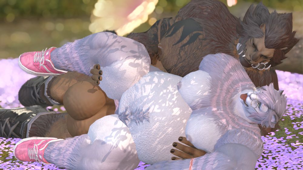 Two hrothgar are laying on the ground on a bed of petals. The larger, tattooed hrothgar with a punk chain collar is fucking the smaller one with pink highlights in their pussy, their stomach bloated from the sheer size of his cock.