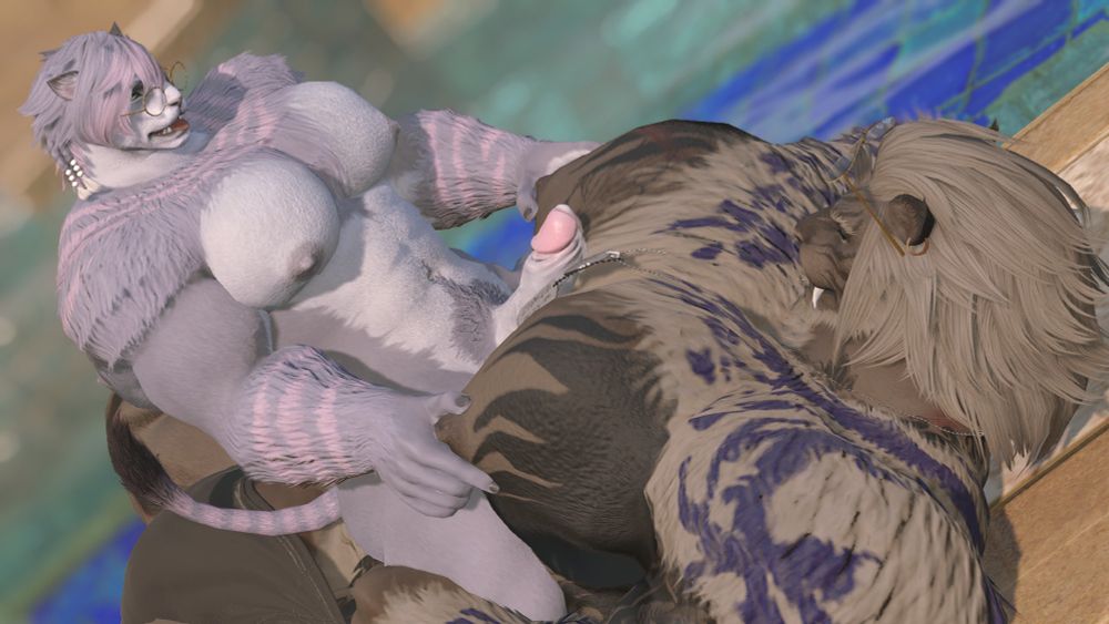 A gray hrothgar with pink highlights is straddling a much larger, scarred, brown hrothgar. Sitting on his abdomen and fucking his large chest and pinching his nipples.