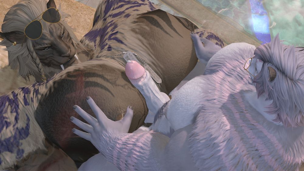 An alt angle of the previous picture from above, showing the large pecs in great detail, the scarred hrothgar smirking as the smaller one chest fucks him.